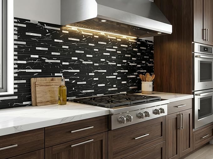 Yipscazo 1 Sheet Peel and Stick Stone Metal Tile Backsplash, Stick on Tiles for Backsplash Kitchen, Bathroom, Laundry Room, Camper, Fireplace (12'' X 12'', Pure Black)