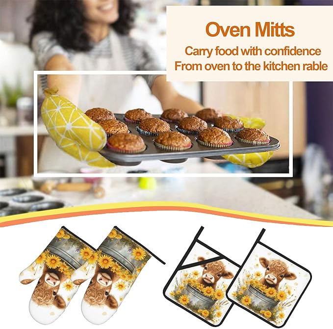 Highland Cow Flower Oven Mitts with Matching Potholders - Heat Resistant Kitchen Accessories for Baking, Grilling, Cooking, Gifts for Women