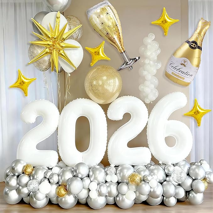 White 2026 Balloons, 40 Inch Number 2026 White Foil Balloons, Gold Star Balloon with Champagne Bottle Glass Balloon for Happy New Years Eve Party Supplies 2026 Class of 2026 Graduation Decorations