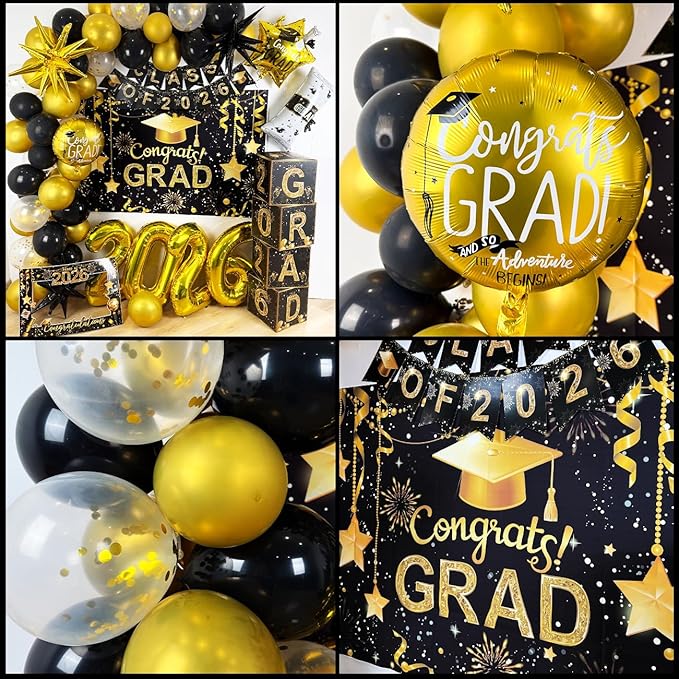 2026 Graduation Decorations Class of 2026 Black and Gold Congrats Grad Balloons,Banner,Backdrop,Photo Booth Props,Cards Boxes Kit for Graduation Party Decorations in Indoor or Outdoor (Graduation)