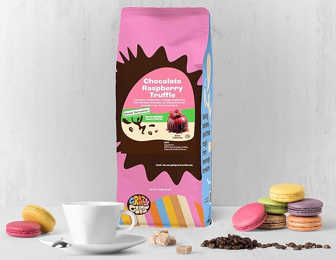 Crazy Cups Flavored Ground Decaf Chocolate Coffee, Decaffeinated Chocolate Raspberry, in 10 oz Bag, For Brewing Flavored Hot or Iced Coffee