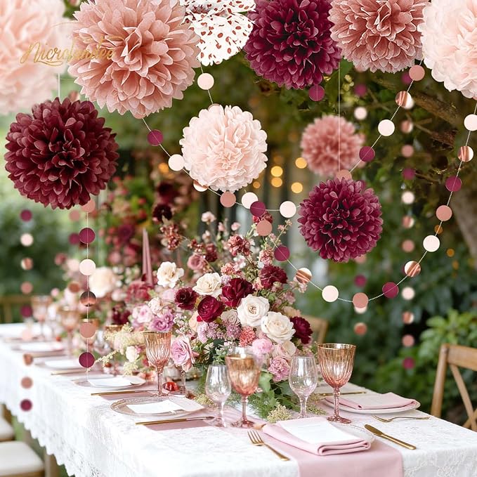 NICROLANDEE Bachelorette Party Decorations - 15Pcs Burgundy Rose Gold Tissue Pom Poms Circle Dots Polka Dot Kit for Valentines, Engagement, Wedding, Bridal Shower, Burgundy Birthday Decorations