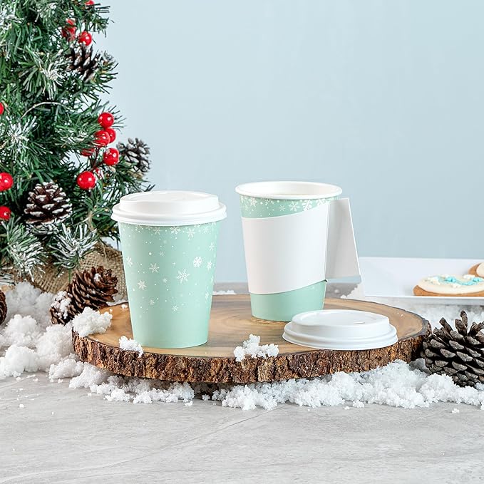 Restaurantware-Restpresso 12 Ounce Drinking Cups, 20 Hot Cups With Plastic Lids - Snowflake Design, Disposable, Light Blue Paper Coffee Cups, For Christmas Parties, Serve Hot And Cold Drinks