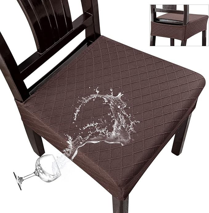 Genina Waterproof Seat Covers for Chairs,Set of 2 Dining Room Chair Seat Covers for Kitchen,Stretch Jacquard Removable Washable Dining Chair Slipcovers Protectors,No Rear Covers, Chocolate