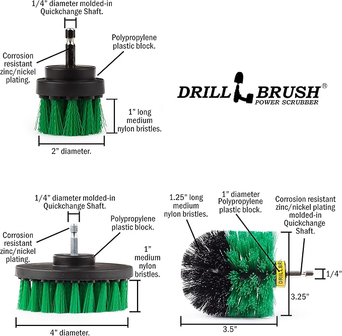Drillbrush Kitchen Cleaning Supplies - Whole Household Scrubbing Pads and Medium Stiffness Brushes - Stove Top and Oven Rack Cleaning Brush Kit - Sink, Tile, Laminate, Vinyl, Pan, Countertop Scrubber