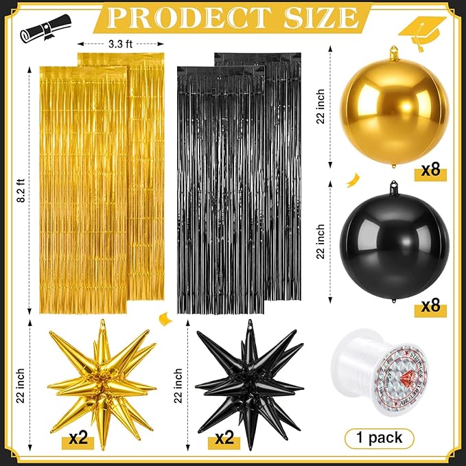 Seenelling 25 Pcs Black and Gold Graduation Party Decorations 2026 Sets 22 Inch 4d Large Stars Balloons with Metallic Tinsel Foil Fringe Backdrop Curtains for Roaring 20s Party Birthday Wedding Decor
