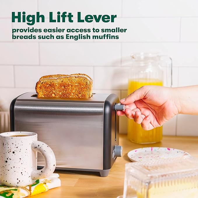 bella 2 Slice Toaster, Quick & Even Results Every Time, Wide Slots Fit Any Size Bread Like Bagels or Texas Toast, Drop-Down Crumb Tray for Easy Clean Up, Stainless Steel and Black