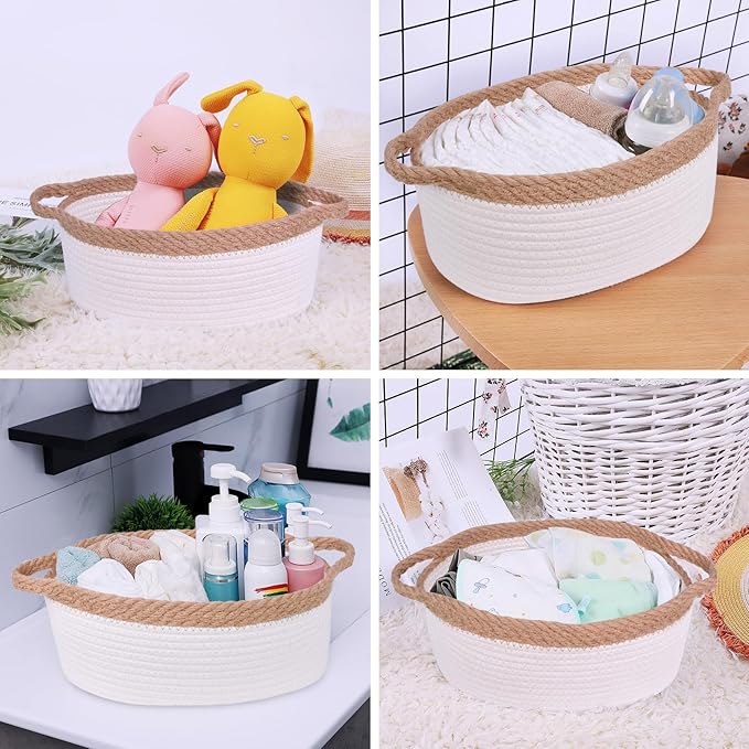 ABenkle Small Basket with Handles - Decorative Durable Rope Woven Storage Bin Shelf Storage Organizer Cube, Easter Baby Gift Basket, 12"x8"x5"