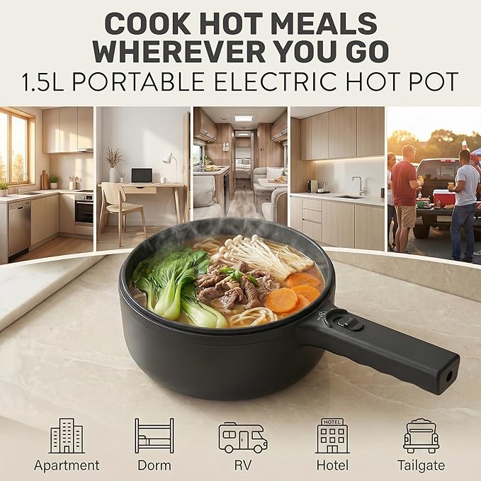 Hot Pot Electric 1.5L CERAMAX, Non-Toxic Ceramic Noodle Cooker Skillet with Steamer & Lid for Ramen, Pasta, Eggs, Soup - Fast Heating, Portable for Dorms, Camping, RVs, Office, Adjustable Temperature