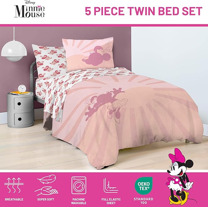 Disney Minnie Mouse Twin Size Comforter Set - 5 Piece Bedding Includes Sheet Set & Pillow Covers - Super Soft Cozy Pink Bedding