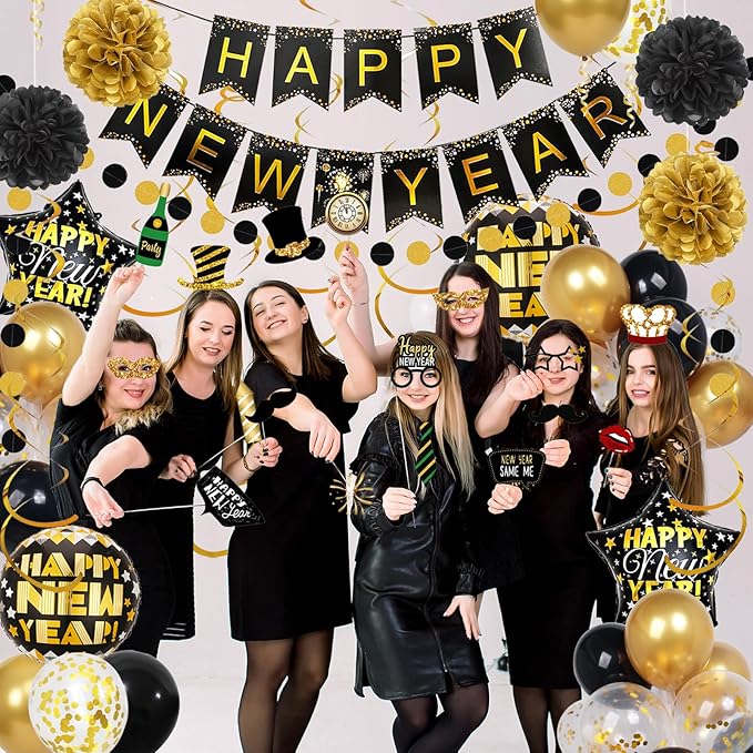 2026 New Years Decorations, Happy New Years Banner and Black Gold Balloons Set, Photo Props and Hanging Swirls, Paper Pompoms, Black and Gold Circle Dot Garland, Eve Party Supplies 2026