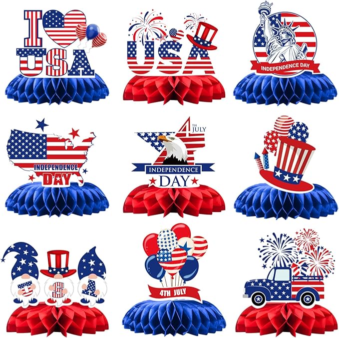 4th of July Honeycomb Centerpieces - 9PCS Patriotic Themed Table Decorations, Red White Blue Independence Day Party Supplies for Patriotic Events American Theme Gatherings