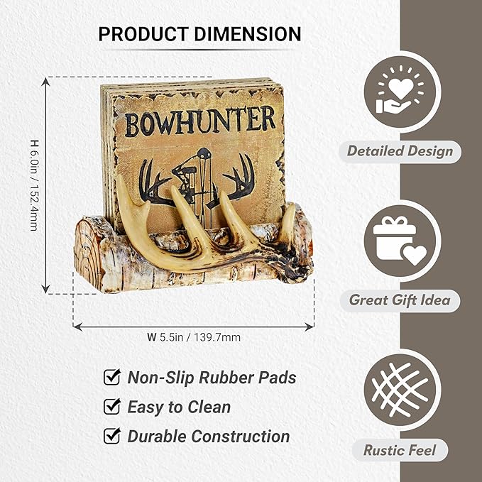 Pine Ridge Home Antler Wood Log Coaster Set with Holder - Bow Hunter Country Absorbent Coaster - Cabin Lodge Home Decor for Hunter Men - Man Cave Coasters Rustic Wood Decor Accent