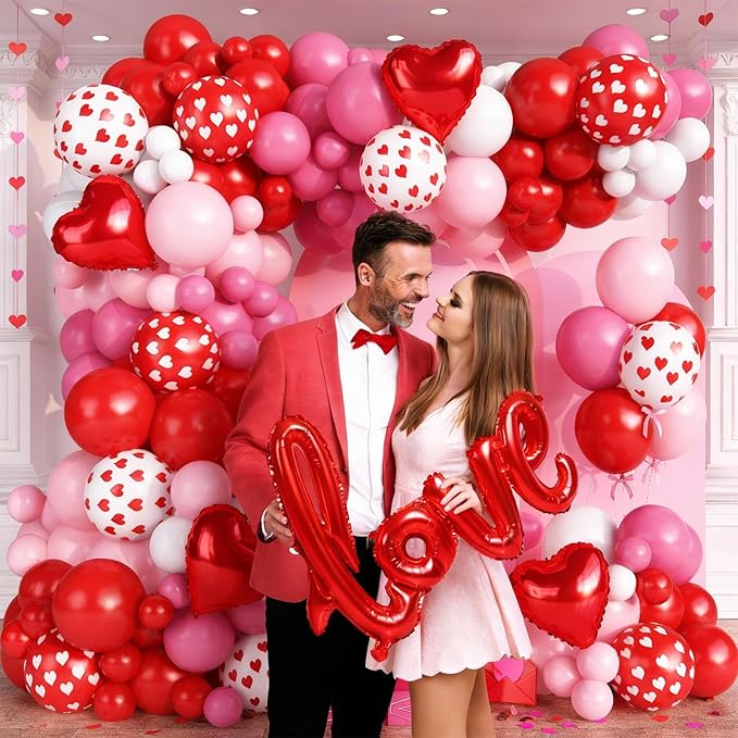 Valentines Day Balloons Arch Garland Kit, 126Pcs Red Pink Valentines Party Decorations with LOVE Red Heart Balloon for Galentines Anniversary Engagement Wedding Supplies