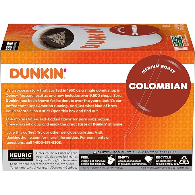 Dunkin’ Colombian Medium Roast Coffee, Keurig K-Cup Pods, 10 Count Boxes (Pack of 6)