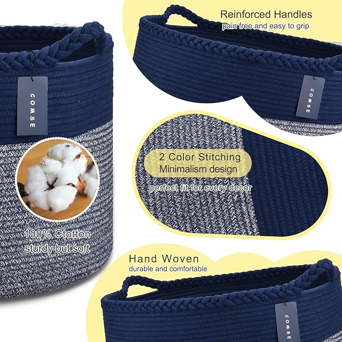 COMSE Extra Large Blanket Basket, Woven Laundry Basket, 21.7”x 13.8”, Nursery Hamper, Cotton Rope Laundry Hamper Living Room for Storage Toys Clothes Towels (Navy Blue)