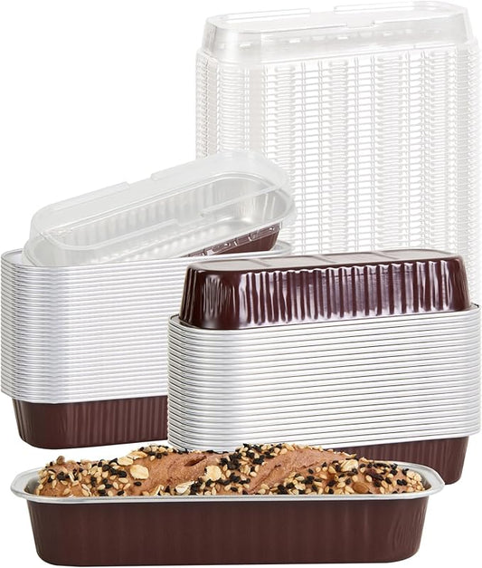 Restaurantware-6.8 Ounce 6.5 X 2.6 X 1.2 Inch Mini Cake Pans, 100 Round Baking Cup - Disposable, With Dome Lids, Coffee Brown Aluminum Cake Pans, Lightweight, For Frosted Mini Desserts