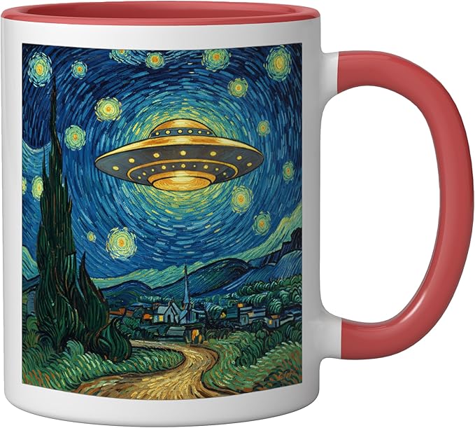 Ufo Over Starry Night Van Gogh Style Sci Fi Saucer Art Ceramic Mug, Red/White