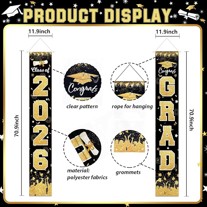 2026 Graduation Party Decorations - Black Gold Class of 2026 Congrats Grad Porch Sign Banner Hanging Flag Graduation Party Supplies for School College Classroom Decor