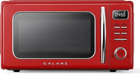 Galanz GLCMKZ11RDR10 Retro Countertop Microwave Oven with Auto Cook & Reheat, Defrost, Quick Start Functions, Easy Clean with Glass Turntable, Pull Handle, 1.1 cu ft, Red