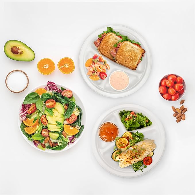 Freshware Paper Plates - Disposable 10" Plate, 150-Pack, Biodegradable Sugarcane Dinner Plates - Heavy Duty Dinnerware - Microwave & Freezer Safe, Stackable Dinnerware - 3-Compartment