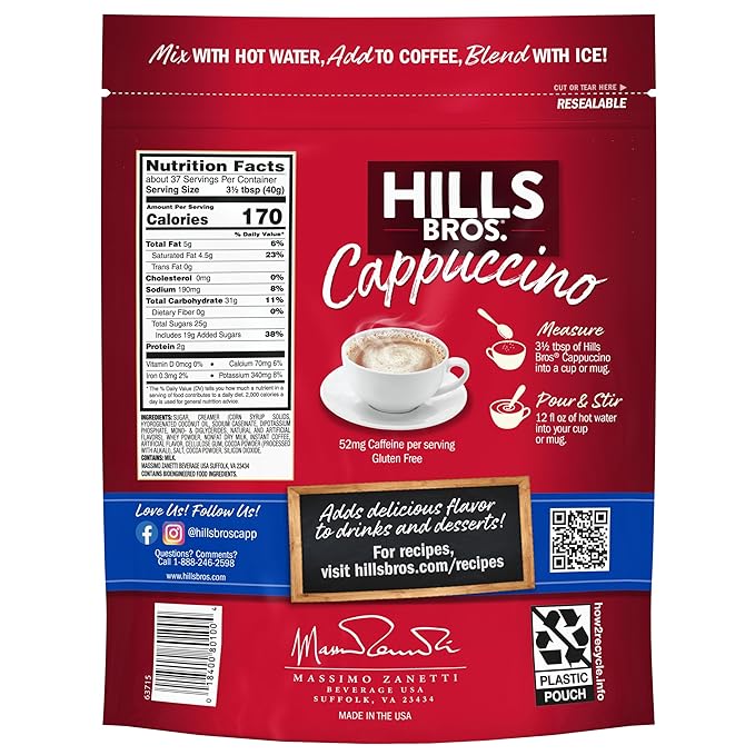 Hills Bros. Instant Cappuccino Mix, French Vanilla - Easy to Use, Enjoy Coffeehouse Flavor from Home – Decadent Cappuccino with a Hint of Sweetness and Vanilla in Light Coffee, 52 Ounce Pouch