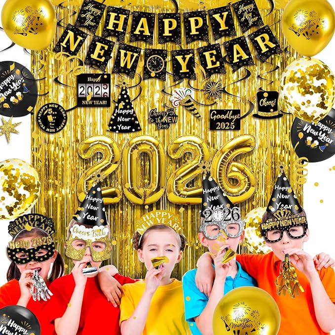 MOVINPE New Year Eve Party Decorations Kit 2026 - Happy New Year Party Supplies, Banner Cone Hats Tiaras Curtain Hanging Swirls Squawkers Blowouts Number Balloons Photo Booth Props Serve 20