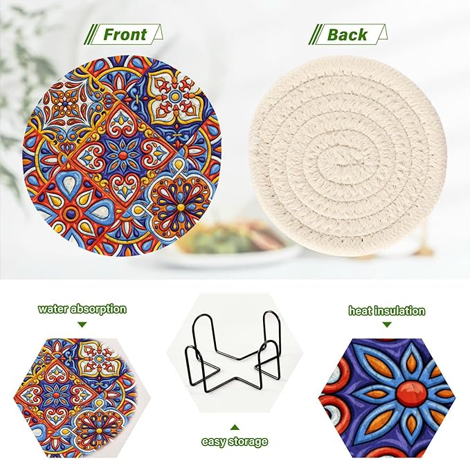 YETTASBIN Mexican Talavera 6 Pcs Drink Coasters with Holder, Cotton Woven Absorbent Heat-Resistant Round Coaster Non-Slip Table Mat for Kitchen Bar Home Decor Housewarming Gift, 3.9 in