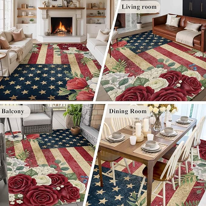 Area Rug 8x10ft, Independence Day 250th Anniversary Washable Rugs for Living Room Bedroom, Vintage USA Flag Floral Soft Non-Slip Area Rugs Rectangle Floor Carpet for Dining Room