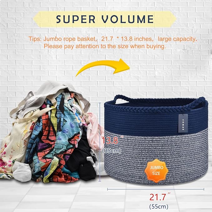 COMSE Extra Large Blanket Basket, Woven Laundry Basket, 21.7”x 13.8”, Nursery Hamper, Cotton Rope Laundry Hamper Living Room for Storage Toys Clothes Towels (Navy Blue)