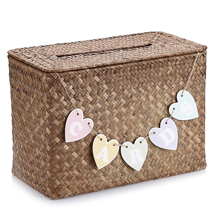 Hipiwe Wedding Card Basket Box Handwoven Wedding Favors Post Boxes with Lid Seagrass Receiving Box Wedding Card Boxes for Birthdays Graduation Ceremonies Party, Coffee Color