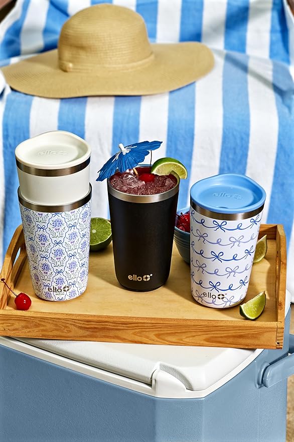 Ello 2 Pack 16oz Stainless Steel Stacking Cups with Easy Press Lids | Pint Size Reusable Tumblers for Parties, Home, Camping, Outdoor | Keeps Cold for 16 Hours, Dishwasher Safe | Black & Mineral