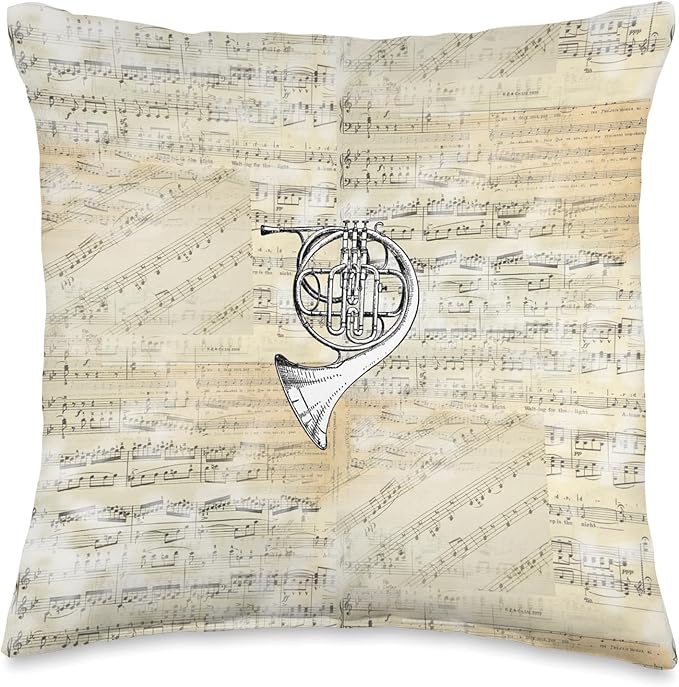 Vintage French Horn Sheet Music Throw Pillow