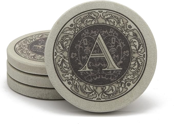 Thirstystone Monogram Letter A Absorbent Sandstone Coaster 4-Pack Manufactured in the USA Decorative Absorbent Easily Wipes Clean
