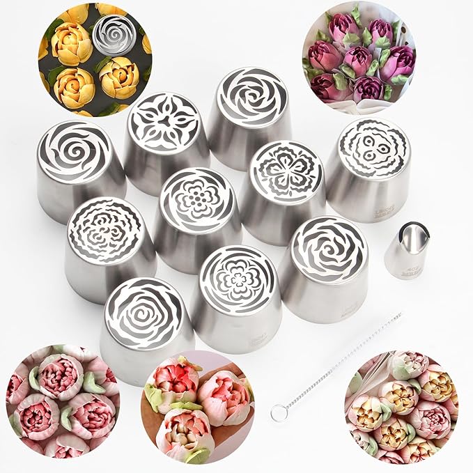 Extra Large Russian Piping Tip Set - 10 Stainless Steel Marshmallow Buttercream Framing Nozzles for Roses Tulip Cake Decorations and Bouquets, Includes 1 Leaf Nozzles and 1 Cleaning Brush(10A)