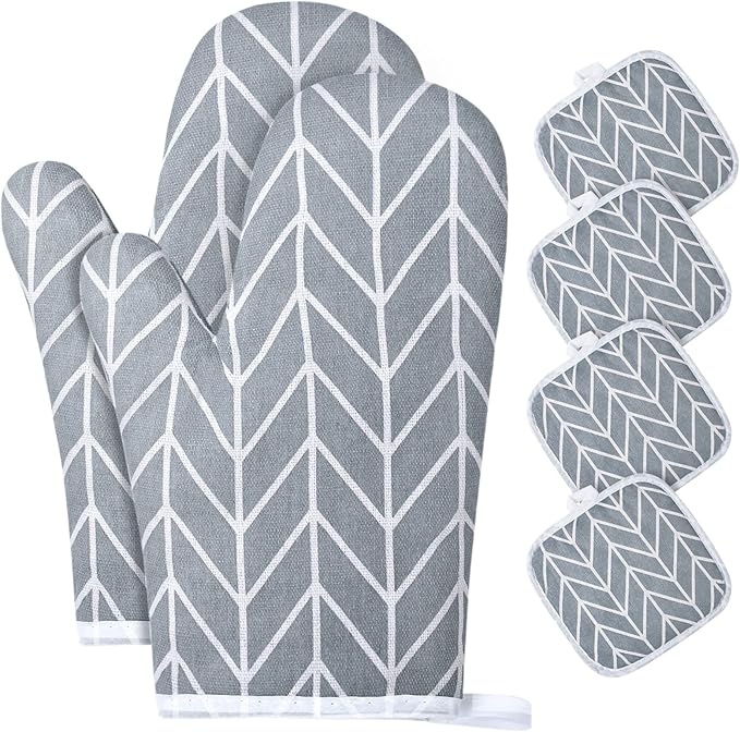 AUAUY Oven Mitts and Pot Holders 6PCS Set, 392°F Heat Resistant Cooking Gloves and Hot Pads Baking Mittens BBQ Gloves, Top Kitchen Gadgets, Non-Slip Kitchen Mittens for Oven Cooking Baking Grilling