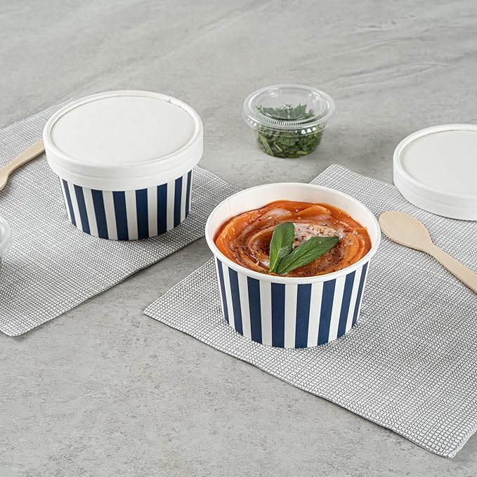 Restaurantware Coppetta 8 Ounce Dessert Cups, 50 Disposable Ice Cream Cups - Lids Sold Separately, Sturdy, Blue And White Paper FroYo Bowls, Striped, For Hot And Cold Foods, Perfect For Gelato