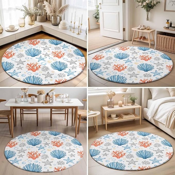 Washable Round Area Rug Coastal Starfish Shell Coral Circle Rugs Floor Carpet for Living Room Bedroom, Ocean Bubble Blue Black Orange Soft Non Slip Round Rug 5ft