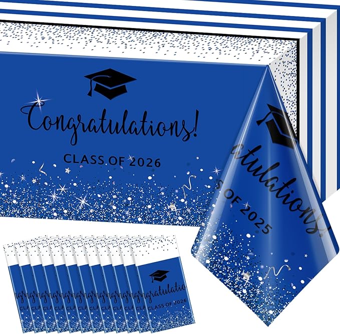 12 Pack Class of 2026 Graduation Tablecloths,Foil Dot Plastic Disposable Rectangle Table Covers for 2026 High School University College Graduation Party Decorations,108*54 Inch (Blue and Black)