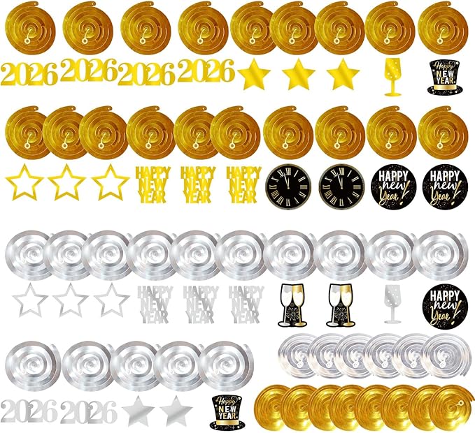 GOER 2026 New Year Festival Party Supplies 31 Pcs Hanging Swirl and Celebration Card,Gold and Black Party Supplies for 2026 New Year Eve Decorations