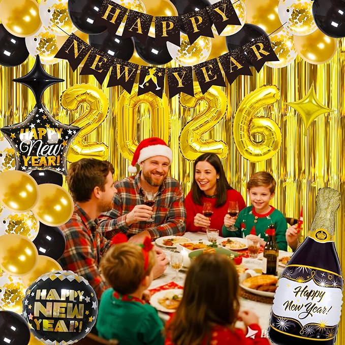 2026 Happy New Year Balloons Decorations Kit, 2026 New Years Eve party supplies, New Years Decorations 2026 Set with 2026 Foil Balloons Happy New Year Banner Champagne Curtains Backdrop for NYE Decor