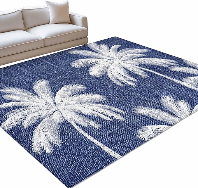 Area Rug 3x5ft, Coastal Palm Trees on Blue Washable Rugs for Living Room Bedroom, Minimalist Tropical Leaves Soft Non-Slip Area Rugs Rectangle Floor Carpet for Dining Room