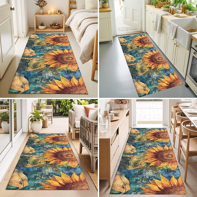 Runner Rug for Bedroom Hallway, Rustic Golden Sunflower on Teal Blue Kitchen Runner Rugs Area Rug 2x6ft, Abstract Floral Washable Soft Floor Carpet for Entryway Stair