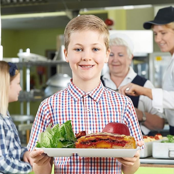 100 Pack - 100% Non Plastics 5 Compartment Paper Plates, Disposable School Lunch Trays, Eco-Friendly Bagasse Plates for School Lunch, Buffet, and Party