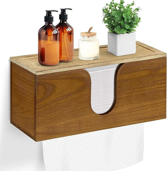 Solid Wood Paper Towel Dispenser Wall Mounted, Folded Paper Towel Holder with Lid, Commercial C-Fold, Z-Fold, Trifold Hand Paper Towel Holder Dispenser for Bathroom Kitchen Office