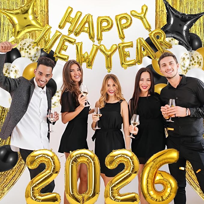 Happy New Year Party Decoration, 2026 Happy New Year Foil Balloon Banner and Metallic Curtains Photography Backdrops Party Decorations for NYE Party Supplies