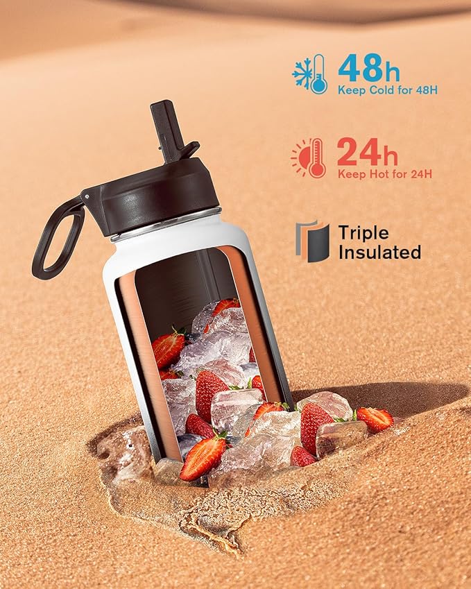 Coolflask Water Bottle 40 oz Insulated with Straw, Stainless Steel Metal 3 Lids Water Flask for Sports or Office, Keep Cold 48H Hot 24H, White & Black