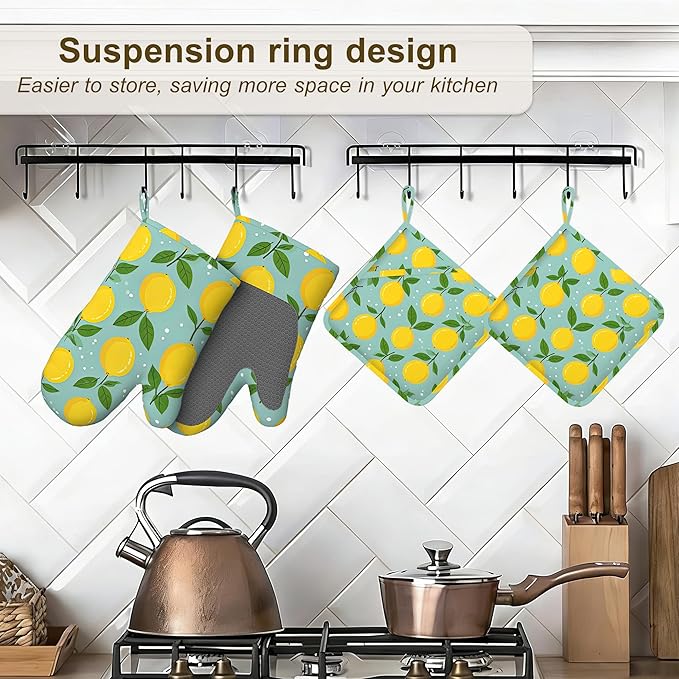 Oven Mitts and Pot Holders Yellow Lemon Silicone Kitchen Accessories Set of 4 Heat Resistant Gloves Potholder Non-Slip Grip for Chef Cooking Baking Grilling BBQ