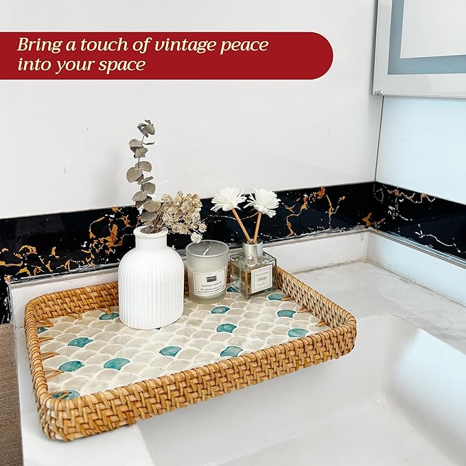 Rattan Rectangle Tray with Mother of Pearl Inlay – Unique Decorative Rattan Serving Tray for Coffee Table, Bathroom Vanity, Perfume & Nightstand – Ideals for Housewarming (Fin 11.8")