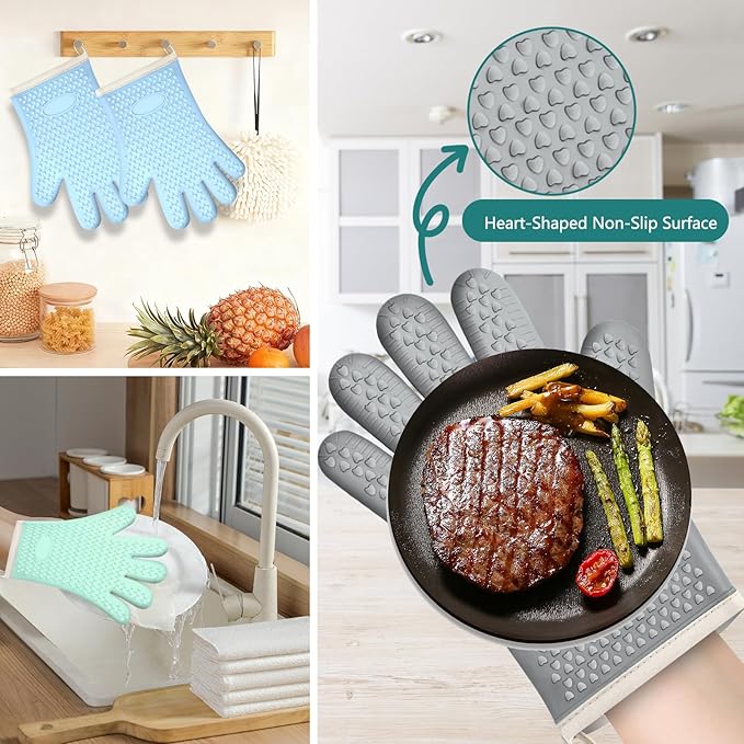 Silicone Oven Mitts Oven Gloves with Fingers, Oven Mitts Heat Resistant 450°F, Oven Mits Waterproof & Non-Slip, Cotton Lined for Kitchen, Home, Baking, BBQ, 2 Piece (White)
